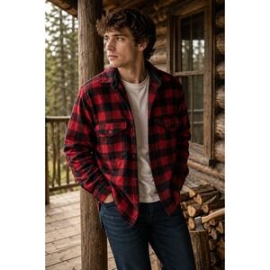 Vintage 80s Woolrich Buffalo Plaid Wool Hunting Shirt Men S Red Black Button Up